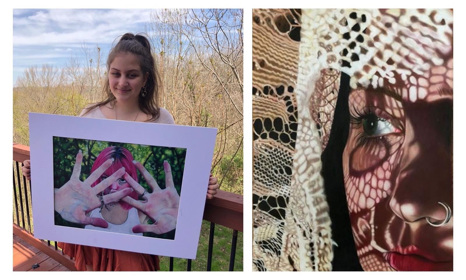 Chloe Salvatore holds up a painting of hers 